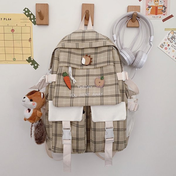 Large Capacity Korean Lovely Girl Backpack  Student Schoolbag Japanese Canvas Preppy Style Plaid Travel Bag Women